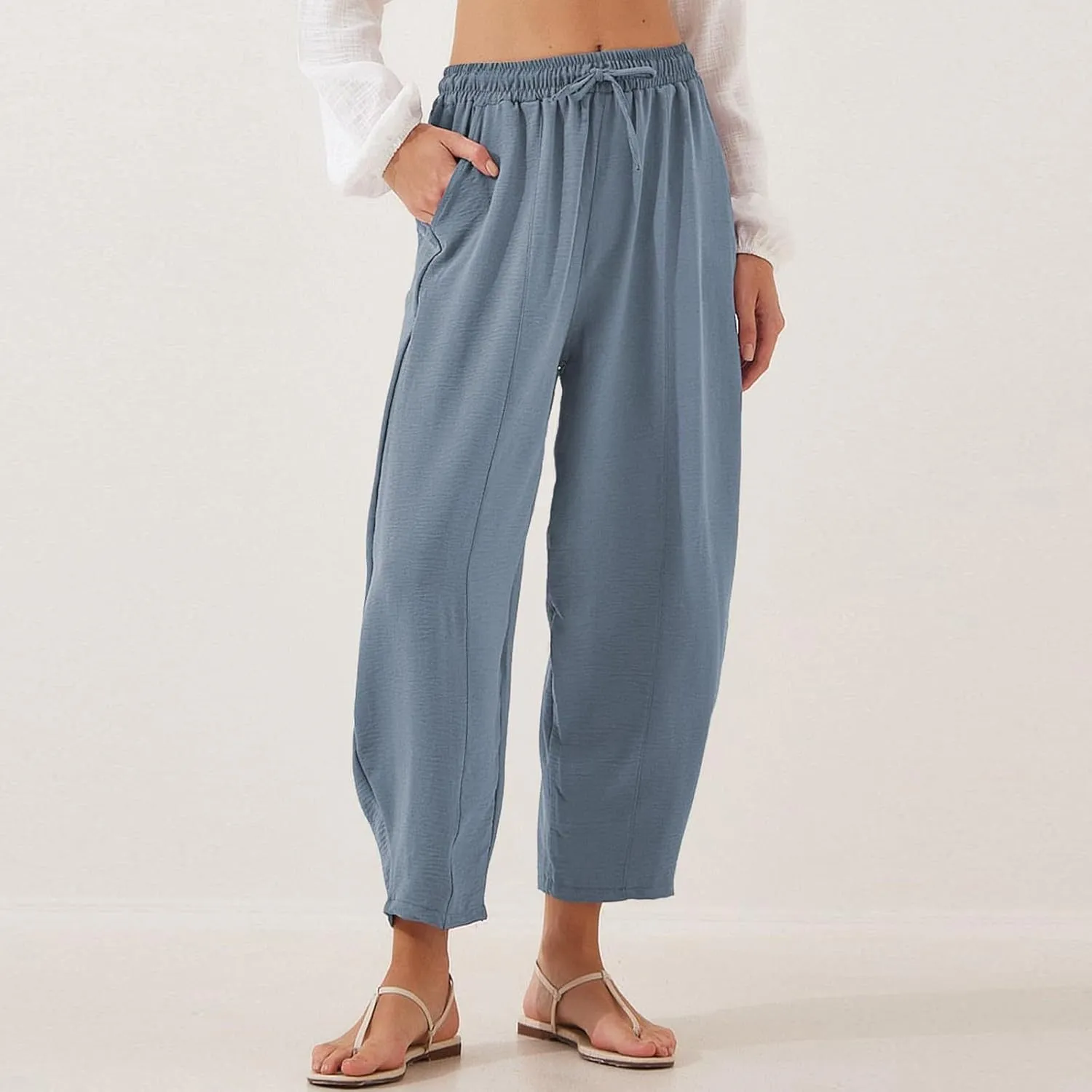 ZEFOTIM Wide Leg Pants for Women Drawstring High Waisted Trousers Solid Color Comfy Pants with Pocket