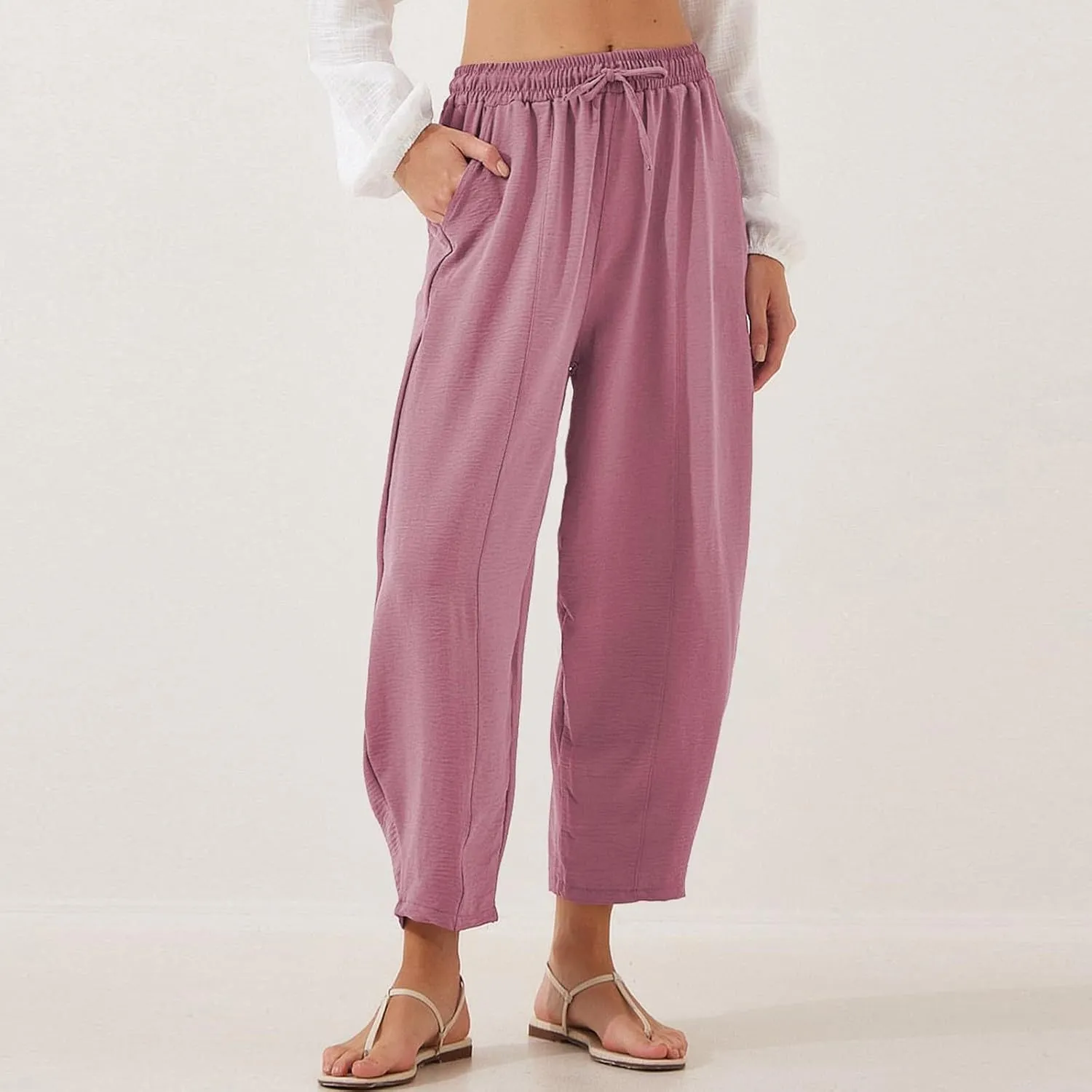 ZEFOTIM Wide Leg Pants for Women Drawstring High Waisted Trousers Solid Color Comfy Pants with Pocket