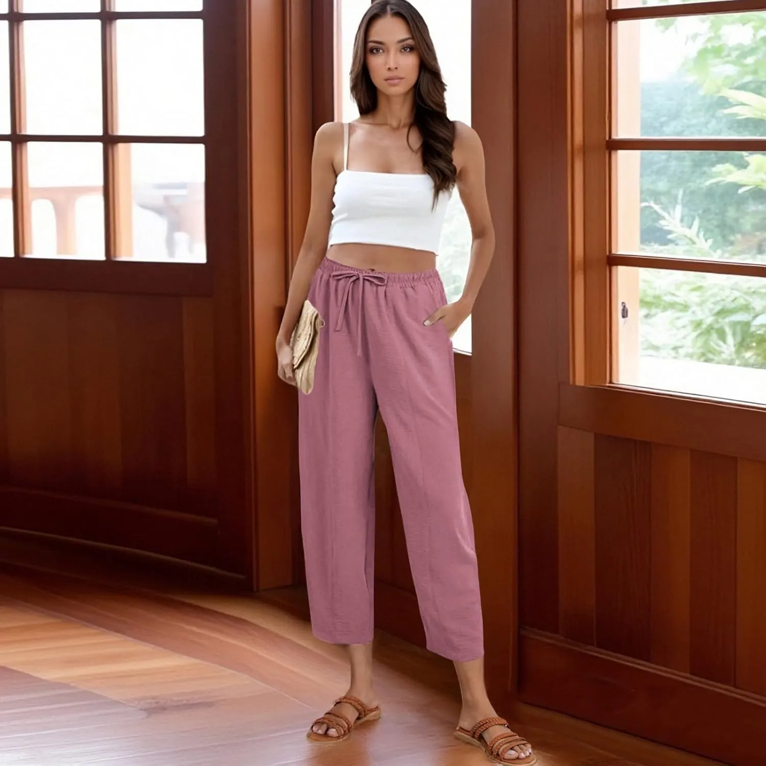 ZEFOTIM Wide Leg Pants for Women Drawstring High Waisted Trousers Solid Color Comfy Pants with Pocket
