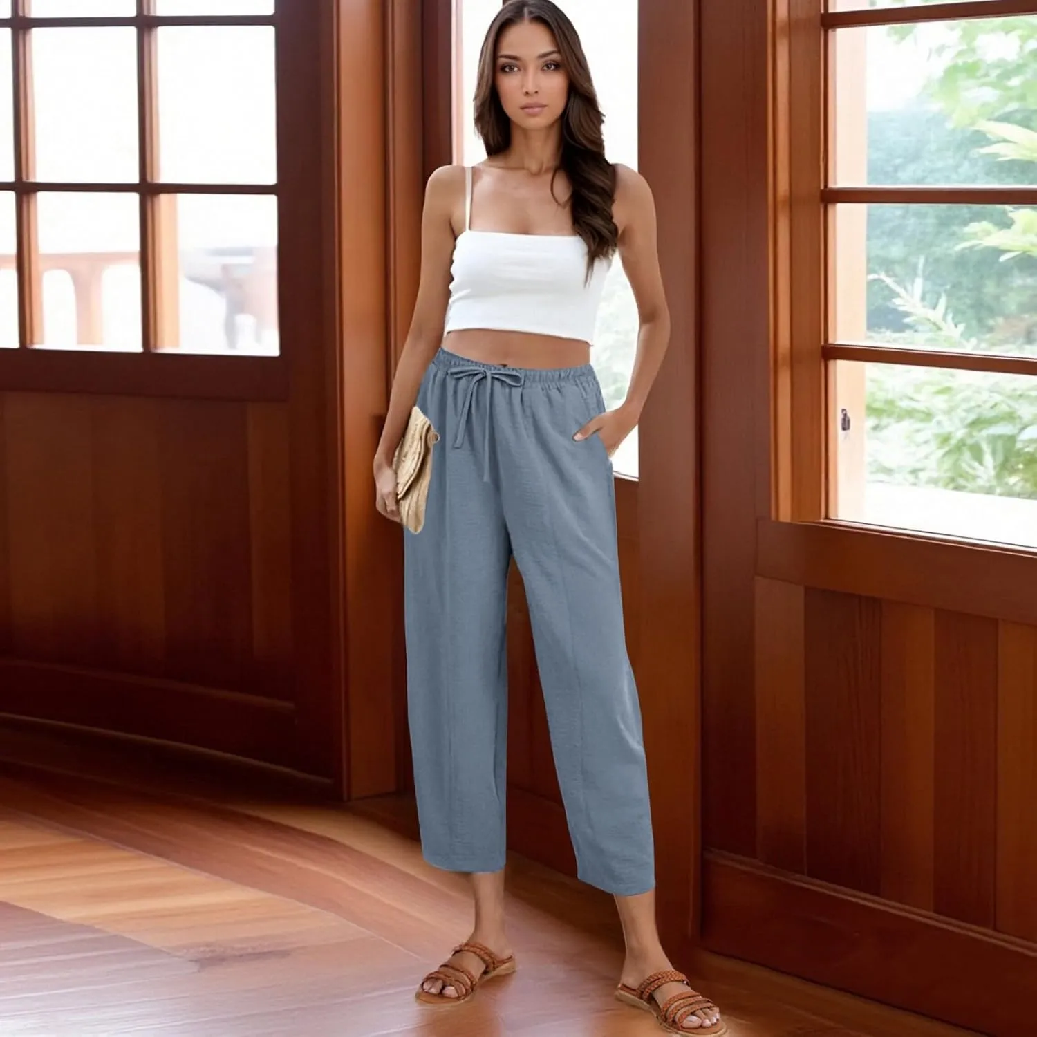 ZEFOTIM Wide Leg Pants for Women Drawstring High Waisted Trousers Solid Color Comfy Pants with Pocket