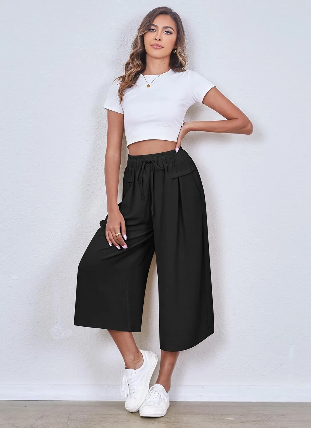 ZJCT Womens Capri Pants Summer Beach Crop Wide Leg Palazzo Capris with Pockets