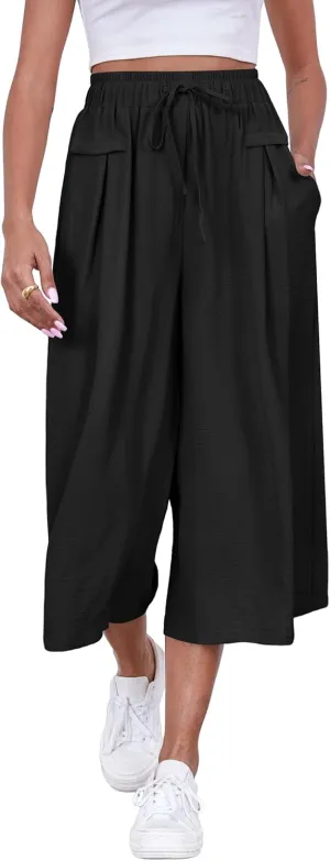 ZJCT Womens Capri Pants Summer Beach Crop Wide Leg Palazzo Capris with Pockets